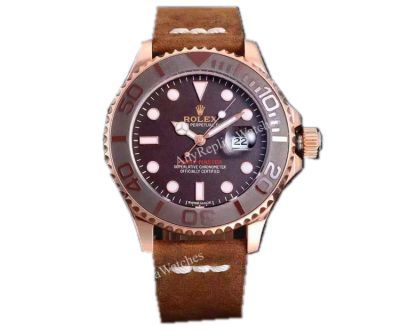 Replica Rolex Yachtmaster Rose Gold Replica Leather Strap Watch 40MM